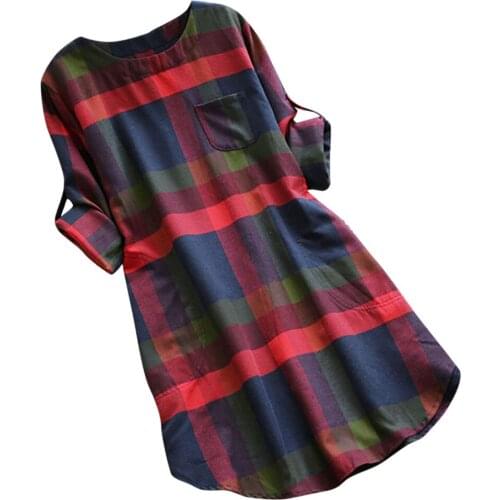 Women Shirt Plaid Long Sleeve Loose Pocket Swing Vintage Mini Casual Fashion Style Lattice Casual Dress Kobieta Sukienka