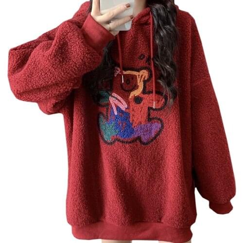 Bear Ear Lamb Wool Winter Women Hoodie Red Wine Sweatshirt Print Painted Littlebear Harajuku Casual Loose Kawaii Pullover Female
