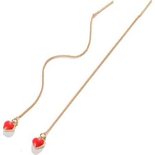 CRLEY Elegant Women Long Red Heart Pendant Drop Earrings Gold Color Long Chain Dangle Earring for Women Engagement Jewelry