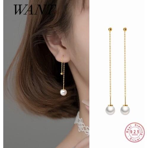 WANTME Genuine 925 Sterling Silver Fashion Korean Pearl Long Ear Line Earrings for Women Party Piercing Drop Earring Jewelry