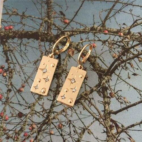 Trendy Gold Color Rectangle with Clear Stone Decorated Star Charm Hoop Earrings For Women Elegant Casual Unique Chic Jewelry
