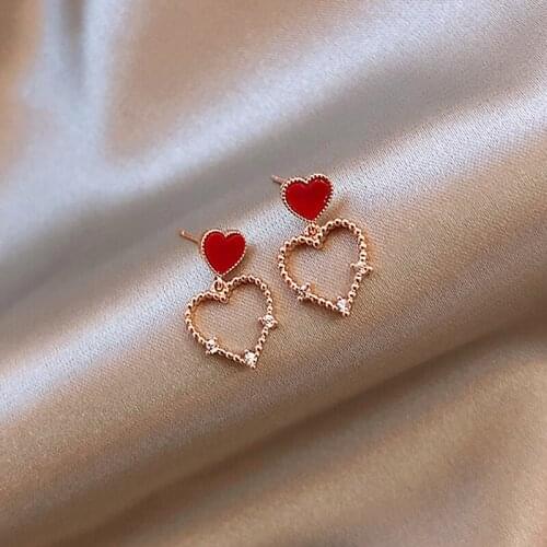 Sweet Rhinestone Rose Heart Pearl Earrings For Women Hollow Dangle Earring Simple Korean Statement Wedding Jewelry Party Gift