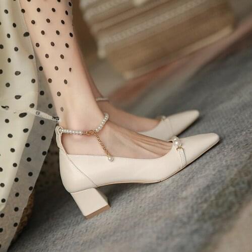 Women pumps Genuine Leather shoes plus size 22-25.5cm Full leather Pearl chain ankle strap Stylish and elegant shoes woman heels