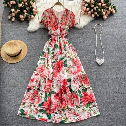 Holiday Dress Woman 2021 New Summer V-neck Elegant Long Chiffon Floral Dresses Women Cascading Ruffles Bohemia Maxi Dress