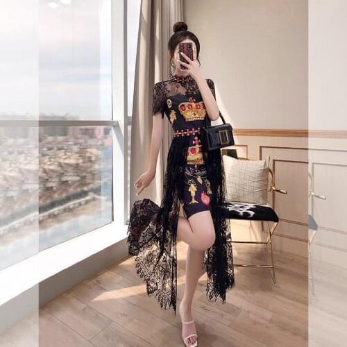 National style womens dress 2021 new summer dress black lace small black skirt long dress shows thin temperament waist dress