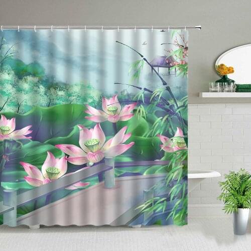 Blooming Flower Lotus Shower Curtains Chinese Style Hand Draw Plants Ink Painting Retro Floral Background Romantic Nature Art