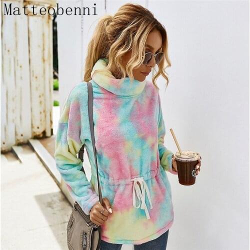 Elegant Tie-Dye Sweatshirt for Women Fashion High Collar Pullover Drawstring Long Sleeve Streetwear Women Hooded Winter 2020