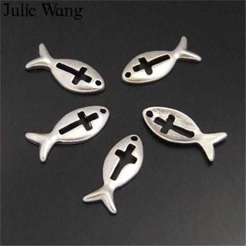 Julie Wang 10-50PCS Small Fish Charms Alloy Antique Silver Color Hollow Cross Pendants Bracelet Jewelry Making Accessory
