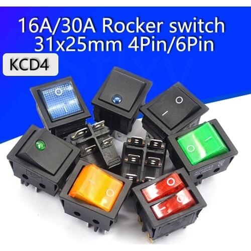 KCD4 Rocker switch ship type switch rocker power button 4/6PIN red light green light 31x25mm16A/30A 250v ON-OFF/ON-OFF-ON