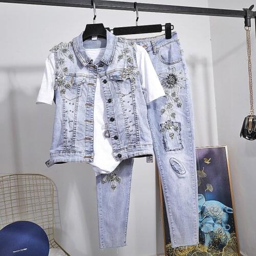 Girls 2 Piece Sets Vest Suit Spring Summer New Three-dimensional Flower Beaded Short Coat + Elastic Jeans Womens Denim Jean Sets