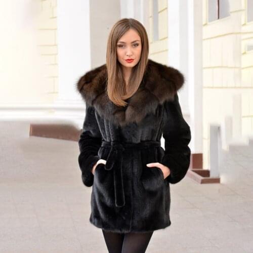 Fashion Black Real Mink Fur Coat Wirh Gfox Fur Turn-down Collar Luxury Woman Winter New Genuine Mink Fur Coat Long Fur Overcoat