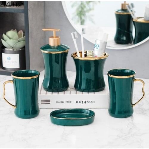 Green Bathroom Wash Kit Ceramics Mouth Cup Set Soap Dispenser Five Piece Set Northern Europe Home Couple Bathroom Supplies Set