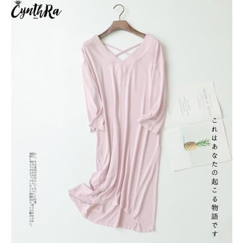 CYNTHRA Nightdress V-neck Womens Autumn Winter Long-sleeved Long-Length Modal Loose Daily Solid Ladies Homewear Nightgowns