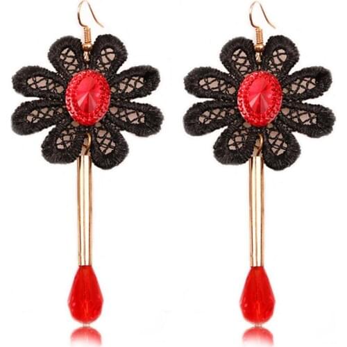 New Style Black Lace Flowers and Goden Tubes Fashion Drop Earring