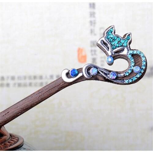 Charm Women Vintage Hair Jewelry Handmade Wood Sticks Hairpins Ebony Bridal Headwear Rhinestone Fox Hair Forks Punk Accessories