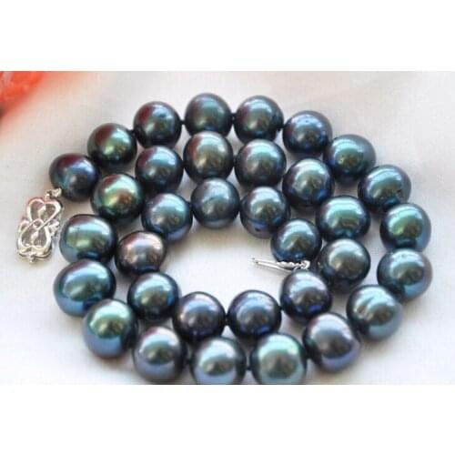 HUGE 15mm ROUND PEACOCK BLACK FW PEARL NECKLACE 17"