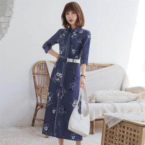 Autumn Womens Floral Dress 2020 Vintage Women Single Breasted Silk Dresses Half Sleeve Belt Female Flower Vestidos QN2255