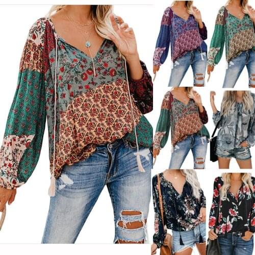 Autumn Floral Print Deep V-Neck Long Sleeve Pullover Shirt 2020 Loose Fashion Drawstring Chiffon Shirt Long Sleeve Top Plus Size