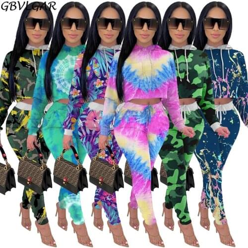Casual Women Two Pieces Set Long Sleeve Hooded Top Skinny Pants Tie Dye Lady Tracksuit Sports Suit Print Outdoor Wear