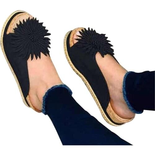 Women Elegant Flower Slip On Sandals Beach Comfy Boho Sunflower Platform Slippers Open Toe Shoes PU Leather A66
