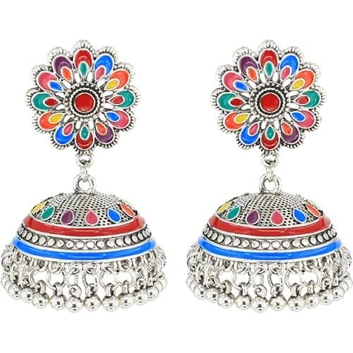 Fashion Colorful Beads Tassel Indian Jhumka Earrings For Women Ethnic Vintage Silver Color Alloy Bell Dangle Earrings