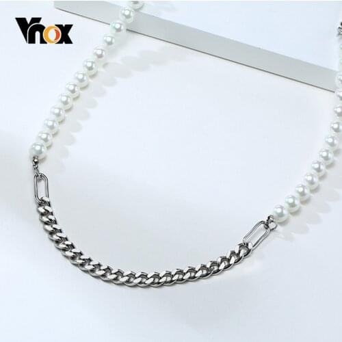Vnox 8mm Pearl Beads Chain Necklaces for Men Stainless Steel Cuban Chain Punk Gothic Male Jewelry
