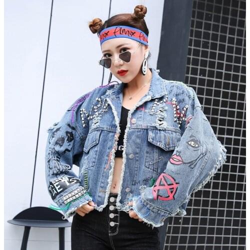 Graffiti denim jacket womens personality short burr cut heavy rivet jacket color tassels Y819
