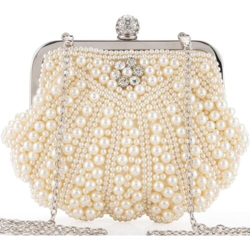 Womens Evening Clutch Bag Full Beaded Artificial Pearls Wedding Bridal Shell Handbag Shoulder Bags