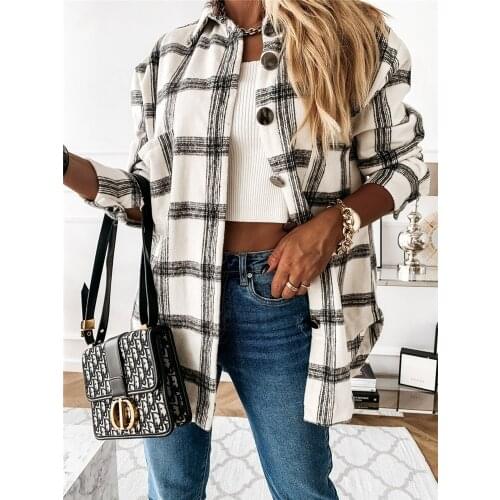 Female Spring Vintage Street Blouse Turn-Down Collar Autumn Outwear Jackets Plaid Shirt For Women Casual Tops Coat Cardigan