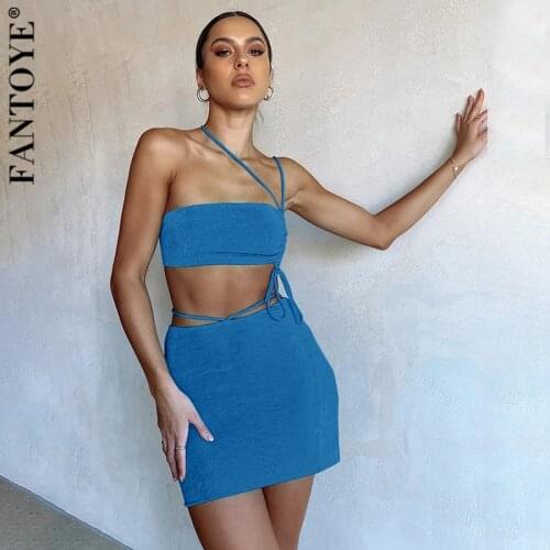 Fantoye Sexy Backless Spaghetti Strap Women Two Piece Of Sets Pink Strapless Tops Bandage Skirts Ladies Summer Skinny Party wear