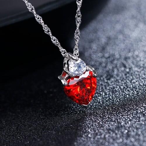 High quality romantic red crystal love heart female 925 sterling silver ladies`pendant necklaces women birthday gift wholesale