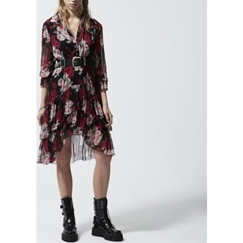 Floral Print Women V-Neck Slik Dress 2021 New Spring Summer Slim Waist Irregular Pleated Short Dresses with Buttons