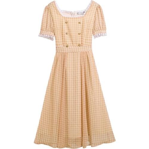 2021 Summer New High Waist Short Sleeved Womens Sleeve Chiffon Women Bodycon Dress Office Casual Plaid Print Midi A- Line Skirt