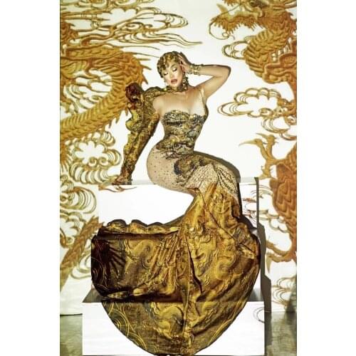 Golden three-dimensional dragon pattern shining rhinestone tuxedo celebrity party evening dress concert singer costume