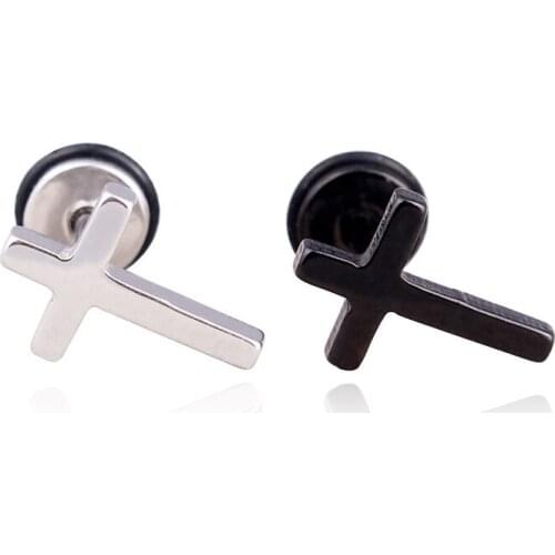 Alisouy 1 pair Steel black Gothic Punk Steel Black Cross Stainless Steel Ear Stud Mens Women Earrings screw pieced ear plug