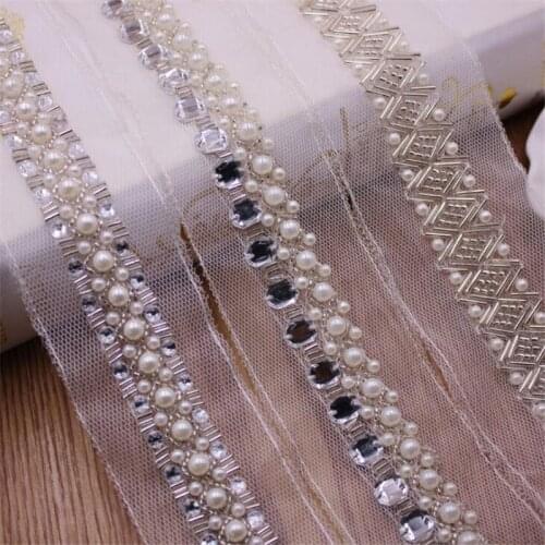 1 Yards/ Pearl Beaded Trims Lace Ribbon Fabric Clothes Decoration Wedding Dress Collar Sleeve Lace Applique Crafts