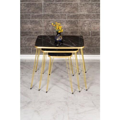 3'lü Zigon Coffee Table Decorative Luxury Gold Black Marble Metal Foot