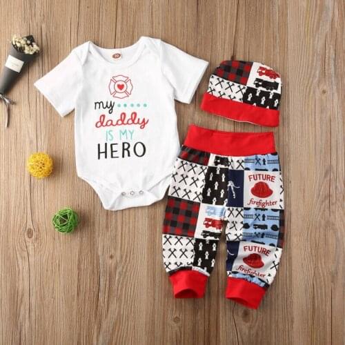 Baby Boys Girls Fathers Day Short Sleeve Romper Letter Tops Pants Hat 3 PCS Suit Outfits Set Clothes 0-24M