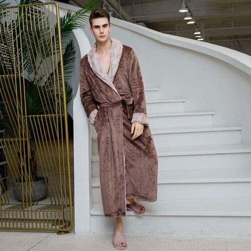 110kg Thick Flannel Robes For Couples Plus Size Mens Bathrobe Faux Fur Collar Long Dressing Gown Female Soft Bath Rob Nightgown