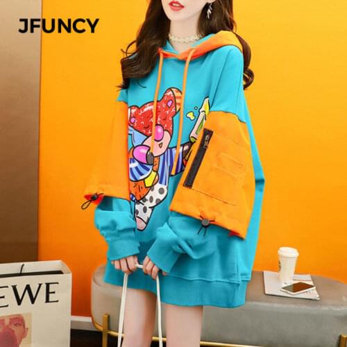 JFUNCY Women Hooded Sweatshirt 2021 Fall Oversized Hoodies Japanese Long Style Woman Clothes Cartoon Harajuku Female Streetwear