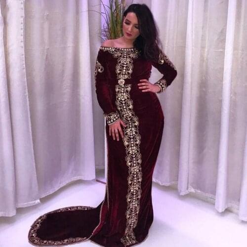 Morocco Kaftan Evening Dresses Boat Neck Appliques Long Sleeves Mermaid Burgundy Muslim Prom Gown Formal Arabic Party Dresses