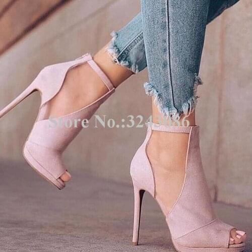 Sweet Pink Suede Stiletto Heels Platform Sandals Woman Peep Toe Hollow Out Dress High Heels Shoes Woman Large Size Banquet Shoes