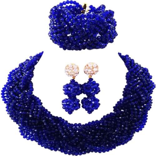 Fashion Royal Blue African Beads Jewelry Set Nigerian Necklace Braccelet Earrings Bridal Party Jewelry Sets for Women 12BZ06