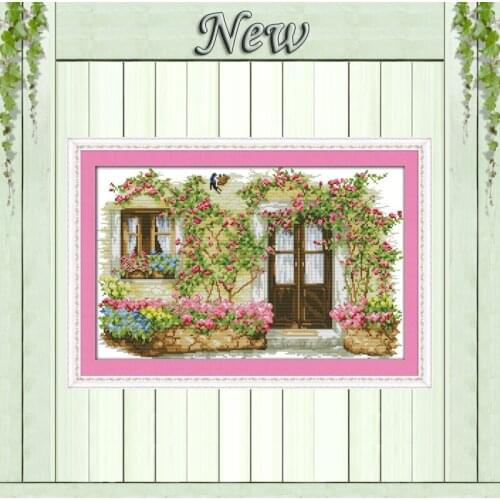 Rose cabin flower Scenery,11CT print on canvas DMC 14CT Cross Stitch kit,embroider needlework Set,house Scenic Crafts Home Decor