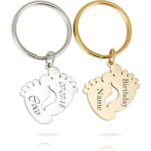 Personalized Customized Names Birthday Baby Feet Keychains Stainless Steel Cute Feet Key Ring For Kids Birthday Gifts