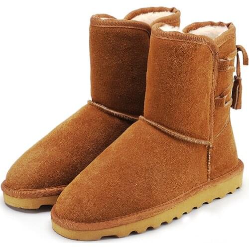 Straight Snow Boots Women Anti-slip Snow Boots Cowhide Non-slip Womens Flat Warm Snow Boots Short Flat-bottomed Fur Snow Shoes