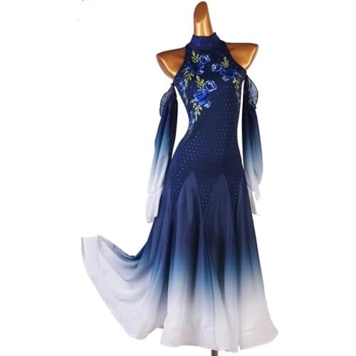Chiffon Ballroom Competition Dress Modern Waltz Tango Standard Dance Dress Navy Blue