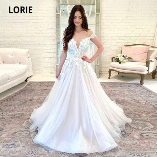 LORIE Princess Wedding Dresses Boho V-Neck Appliques Lace Off the Shoulder A-Line Wedding Bridal Gown suknia slubna