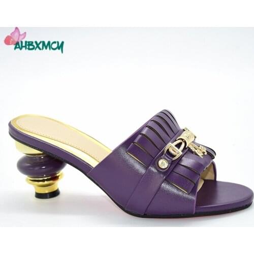 Dark Purple Special Heels African Women Slipepr for Garden Party High Quality Pu Leather Slipper with Shinning Crystal for Party