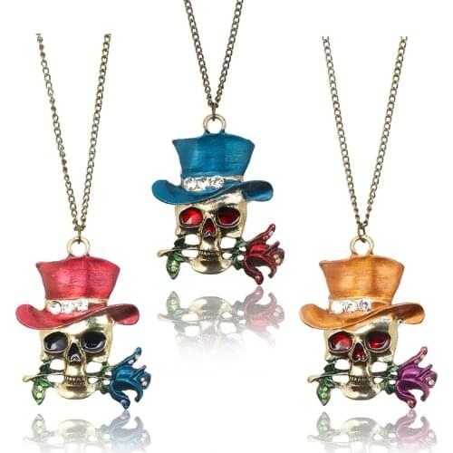 Creative Skull Head With Hat Pendant Necklace Halloween Party Costume Jewelry Cute Flower Colar Props